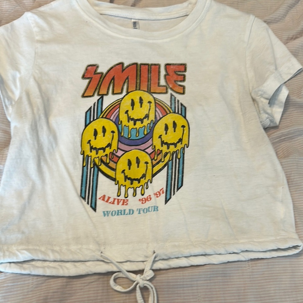 White and Yellow Crop Top with Smile Graphic